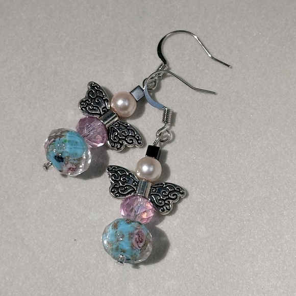 Handmade Pink & Blue Roses Angel Earrings Glass & Faux Pearl Silver Tone Girly - Picture 1 of 6